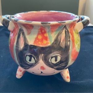 Hand Painted Ceramic Tripod Cat and Roses Caldron wishing  Bowl 7”x5” Original
